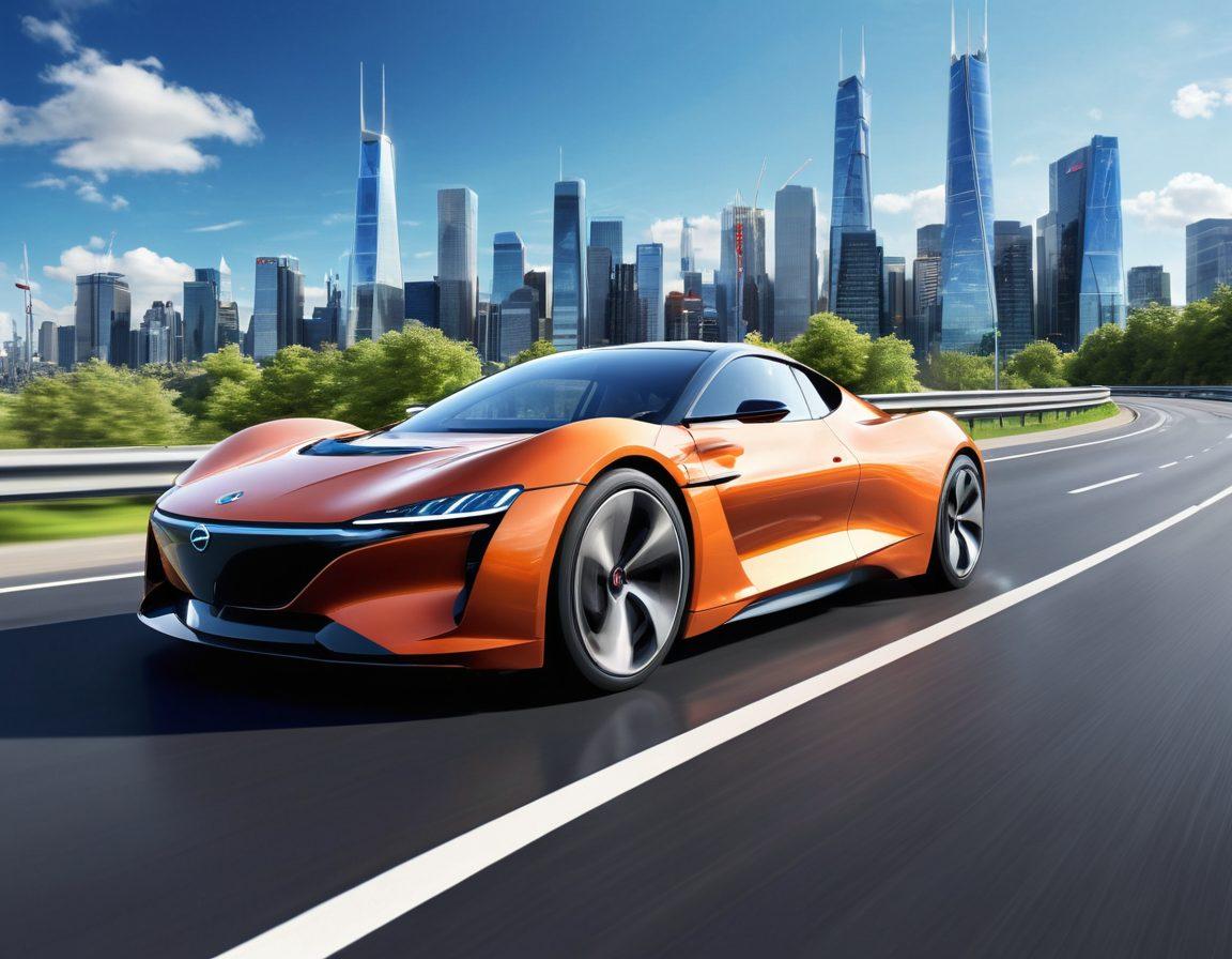 A sleek, modern car zooming on a winding road, surrounded by dynamic graphical representations of auto industry trends like electric vehicles and technology innovations. Incorporate gears and tools floating around, symbolizing knowledge and tips being shared. The background should feature a clear blue sky with hints of city skyline, merging nature and technology. vibrant colors. super-realistic.