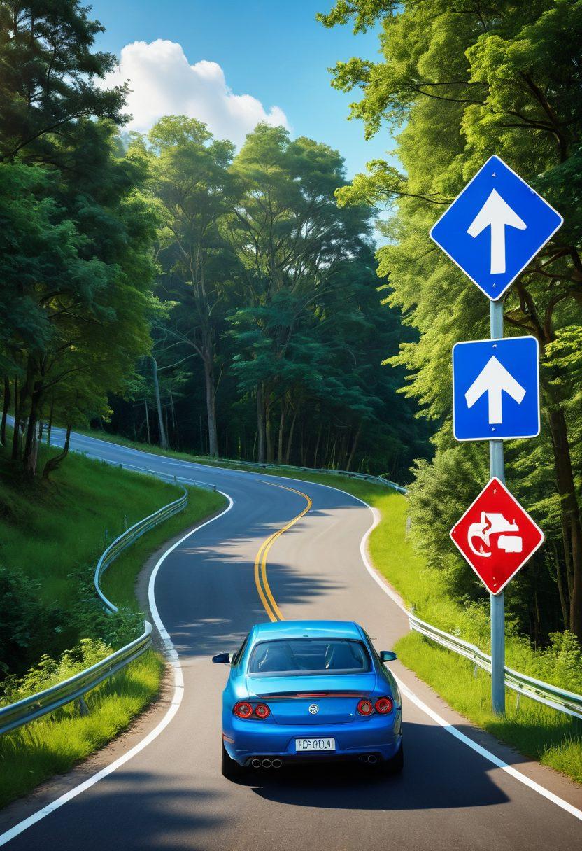 A sleek, modern car navigating a winding road surrounded by lush greenery and towering trees, symbolizing adventure and safety. In the foreground, a road sign points towards 'Car Enthusiasts' with safety symbols visible nearby. The sky is a bright blue, enhancing the feeling of freedom while also incorporating subtle road safety icons in the background. 3D. vibrant colors. dynamic composition.
